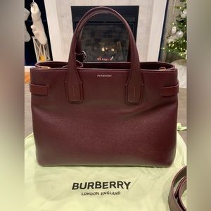 BURBERRY Calfskin Medium House Check Banner Leather Tote Burgundy